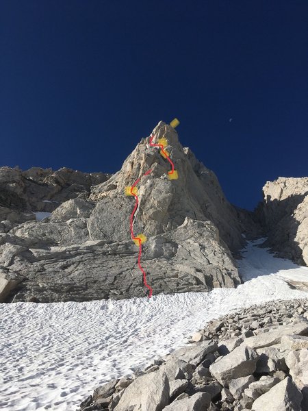 The route we took. Pitch 4 felt very loose and we could have been off route but was no harder then 8. Pitch 5 is definitely foreshortened in this photo.