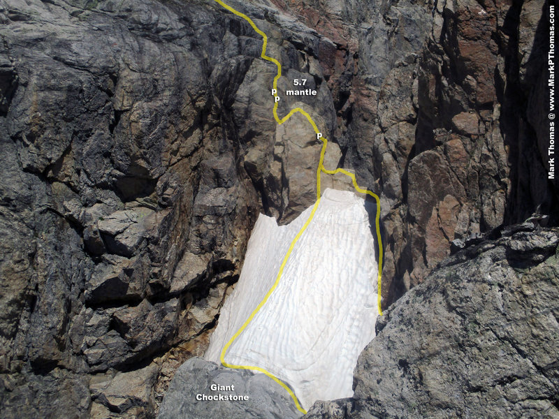 Crux section of the East Ridge - crossing the notch behind the Molar Tooth. 'p' is for piton.