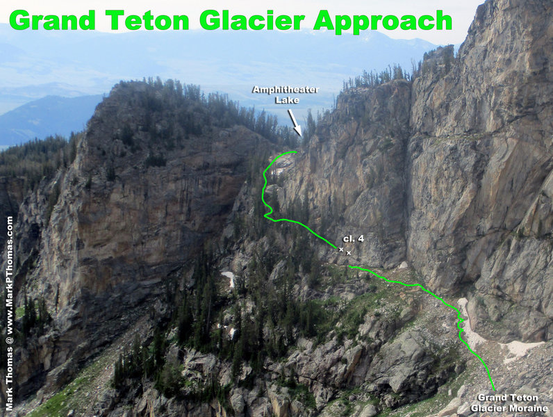 Approach linking up the trail to Amphitheater Lake to the East Ridge route and Grand Teton Glacier camp. 'x's are for fixed rods in the rock that can be used to protect the cl. 4 section.