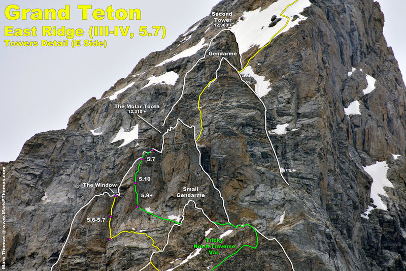 The crux section of the East Ridge of the Grand Teton, with the standard variation shown in yellow.
