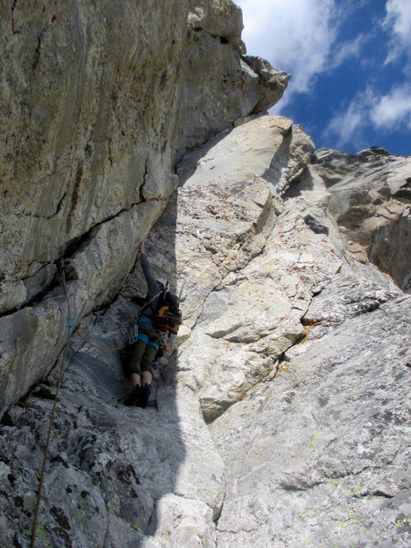 Brock starting up the second pitch of our off-route line over the Molar Tooth. The first tier was steep stemming/liebacking with a finger crack. The 2nd section was tight hands with a step right to pass through the flare.