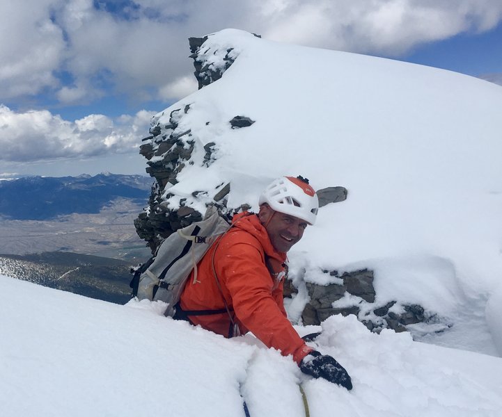 John Climaco pulling through the snow tunnel onto the summit ridge of Wheeler Peak