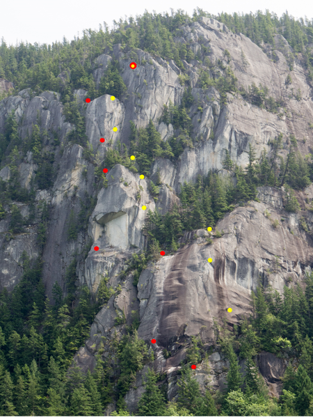 Route Overlay. Red dots are belays and yellow dots are rappels.