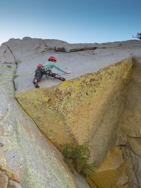 Climber starting pitch 3 of Millennium Mud Falcon. Pitch 3 of Clean Slate and Dirty Deeds follows the crack straight up and left.