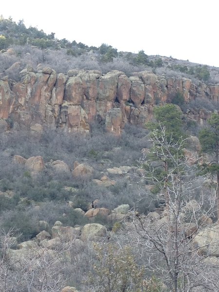 Blurry photo, but shows the white streak and hole features on Donut Lust as seen from the bottom of the canyon.