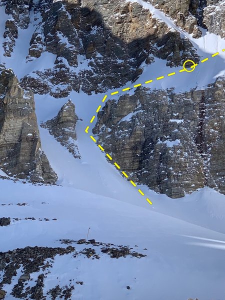 The approach couloir to the Wheel Deal from the glacier.