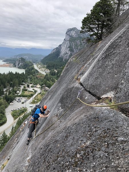 Hairpin P4 - This pitch a bit runout but is easy climbing