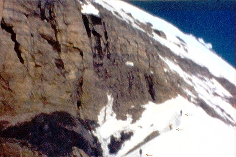 Photo 3 - Three of our party approach the SE Arete/Ridge "proper". My recollection is that it was either just below here, or somewhere in this picture that we hit some ice. Without crampons we chopped steps...slow going. (from super 8 film)
