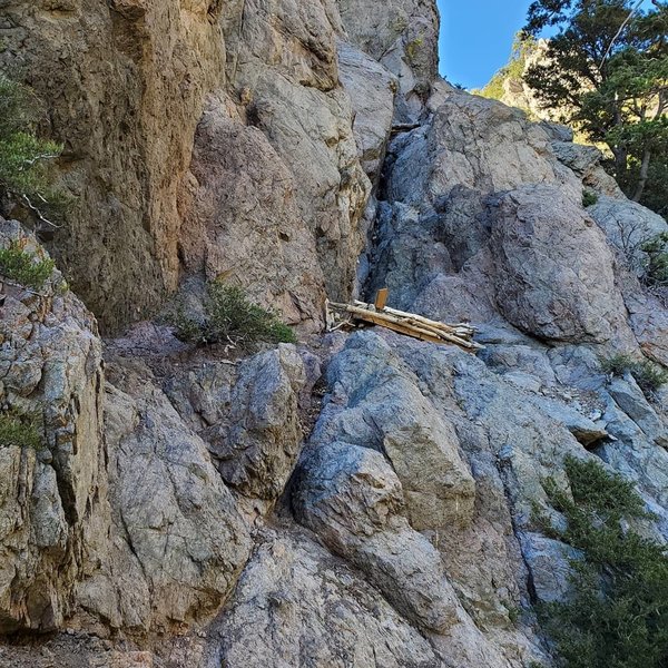 The route starts in the obvious dihedral from this platform. Climb the weakness up to the first crux roof. Continue up on thin holds to a ledge with brush and small trees. The anchors are right there.