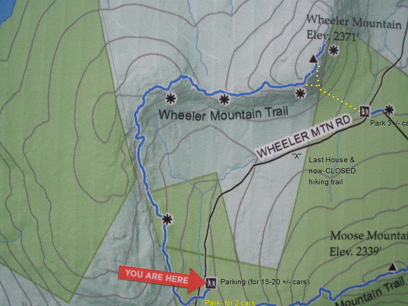 Current (2019) hiker's map for Wheeler Mtn area. There may be a branch-off trail from the official hiking trail to the slabs south of Great Corner area, but I don't know for sure. About 1 mi. from large parking to house, another 1/2 to climbers Parking