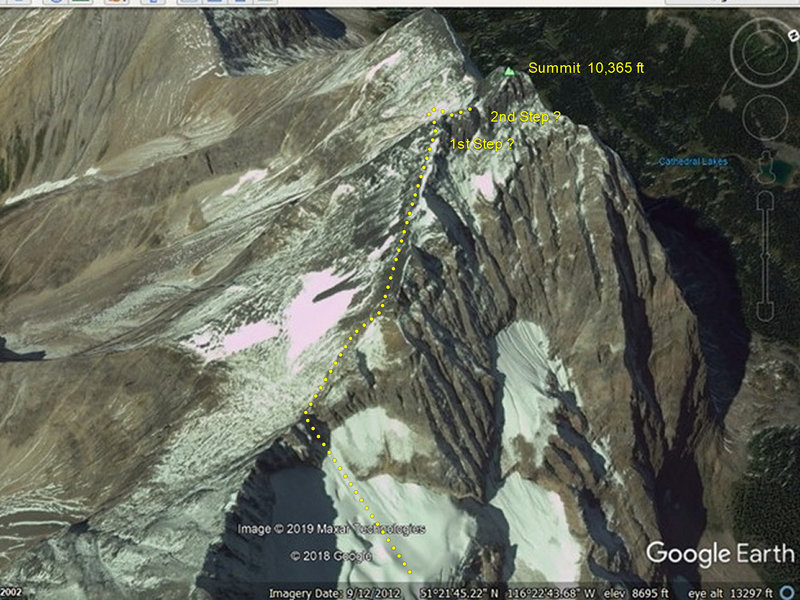 Google Earth of the upper SE Ridge of Odaray Approx route and features marked