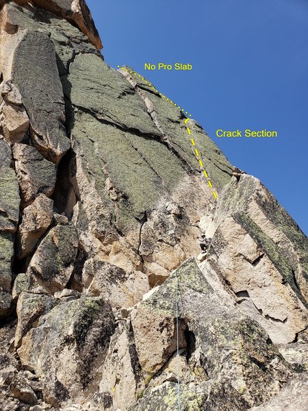 The 3rd class scramble (foreground) with the Crack pitch (listed as 4 or 5 depending on if you count the scramble.)