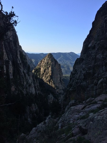 The north side of Hail Peak coming into sun, as viewed from Echo Canyon and the base of The Ramp