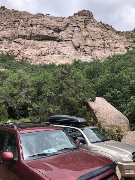 The parking area with the large boulder marking the trail in the lower right.