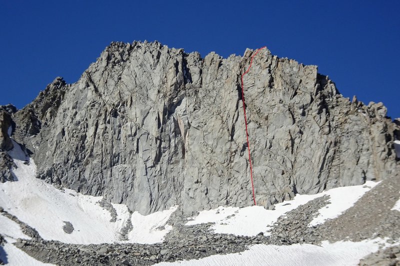 Peak 13,040' and the routeline of The Falcon (III 5.10b)