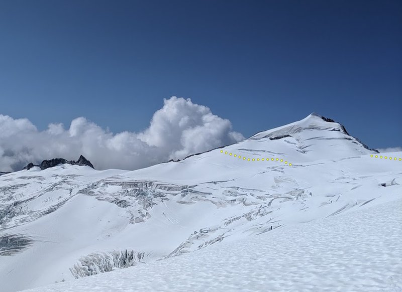 Eldorado Peak from the north. A snow traverse (above the usual 7800' return route) that cuts 400' off the east ridge is depicted.