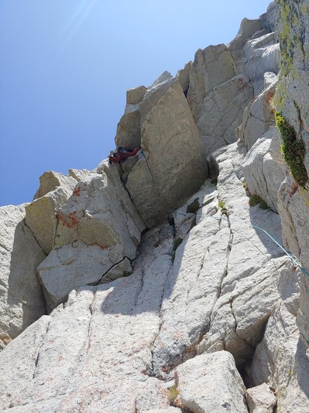 Immediately after the roof undercling traversing left, gain the corner and step out right over wild space to the arete. The Supertopo isnt easy to follow regarding the orientation of the roof and corners.