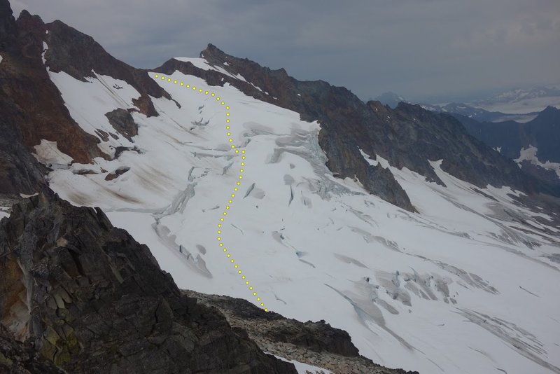 Quien Sabe glacier in August 2019. The route we (and others) used is depicted.