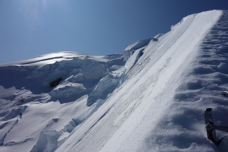 North ridge above the ice pitches, looking towards the summit. The top of the Roosevelt glacier is on the left. (Photo: Mark F.)