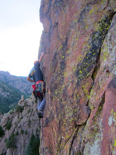 Pitch 3 step across. I took this photo from a belay directly below where it meets up with Grand Giraffe - a better belay would have been about 10 feet lower. Pitch 2+3 could be linked pretty easily.