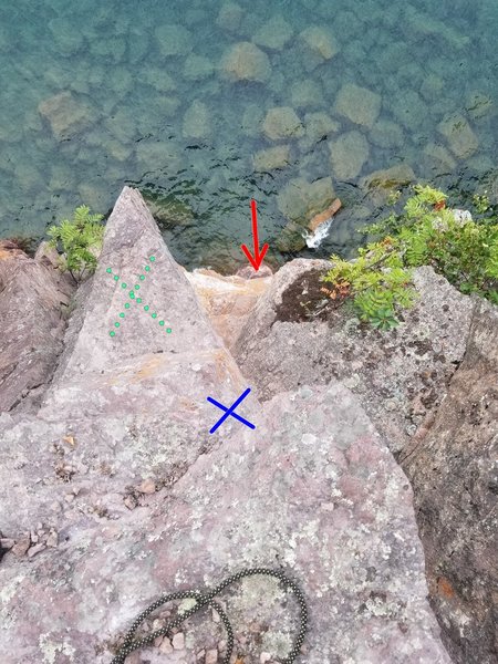 Standing at the top of Amphitrite's looking down.
<br>
For a top belay, you can stand or sit on the ledge marked with the green X. Place your masterpoint at the blue X. Lower belay ledge is marked with the red arrow.