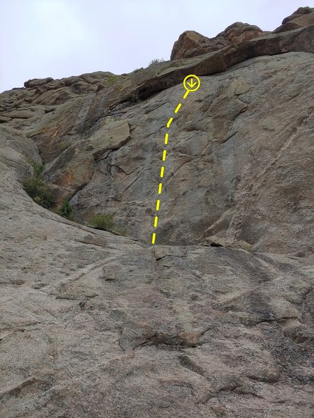 The left side of the upper arch area on Turret Dome. The slab approach to the area is at the bottom, and the anchors for Most Toppest can be seen.