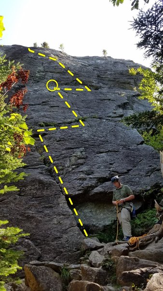 My best guess of the line for Standard Route. This seemed to be the path of least resistance when I was up there. A belay at 60ft helped keep my follower in sight for all of P1 and most of P2.