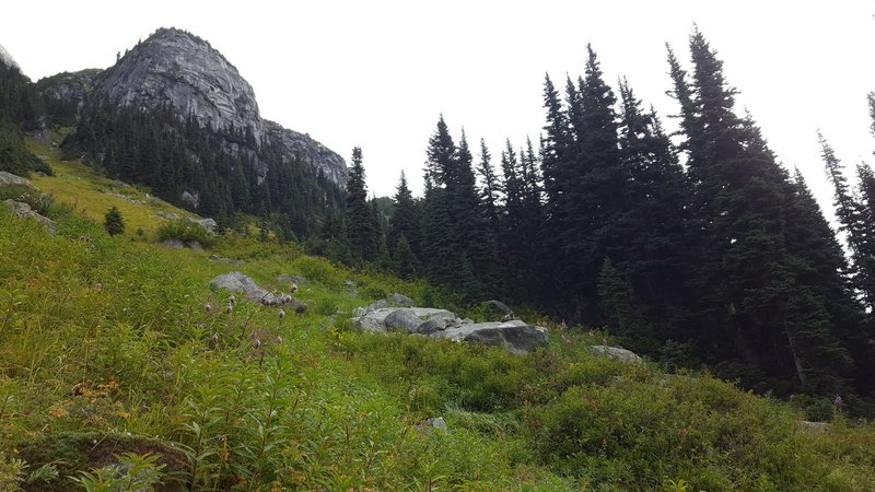 Looking up the ascent gully to the east sub-summit of Shadowfax. The route climbs the center of the south facing wall.