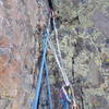 This is where you want the belay at the top of P6. The cams are good, but you need hand-sized.