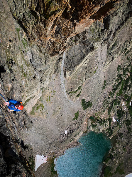 One of the most exciting (several) pitches of rock. Taken partway up pitch 7. Great holds, great rock, and amazing exposure. If this doesn't put a slap-happy grin on your face, I dunno what will.