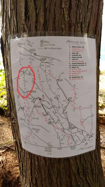 Topo with 10d/11a direct second to last pitch of Papoose One and Hairpin circled.