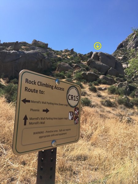 Sign at Morrell's Parking Lot with Phoenix Boulder in the background