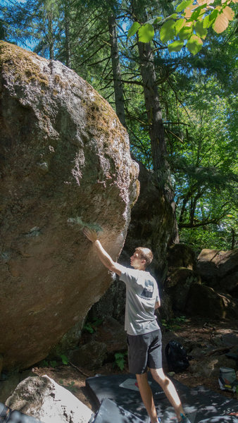 Josh looks at the left crimps on Fight Club. This gives a good angle of the boulder.