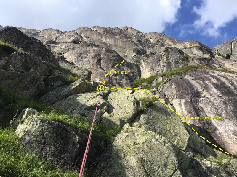 Location of the start. Here I'm rappeling off the P1 anchor bolts at the end of the day; look for this set of features while you are scrambling up.