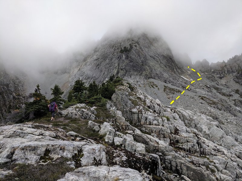 After grassy gully, continue on to the base of the NW ridge