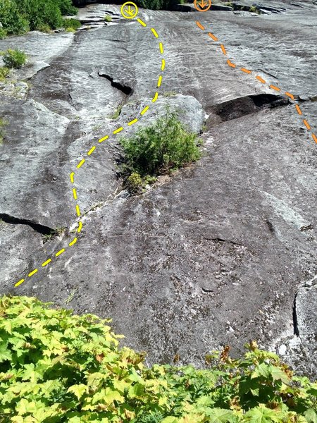 Rigamarole (yellow) and Vader (orange), lower Salami Slabs, Darrington.