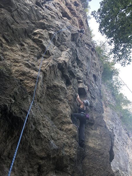 Climber right, blue rope is "Too Low For Zero"