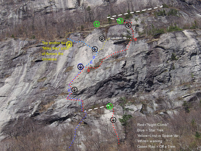 Detail of A Night Climb for 2 Knights. Bolts not shown on slab of P1. The P1 shown is the alternate P1 "Middle of the Night" , the original P1 climbs the right-facing corner to the right of the slab (hidden by pine tree)