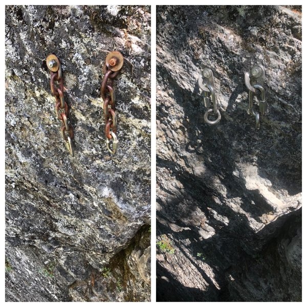 New anchors! I was able to cleanly pull out the old rusty bolts and drill the holes bigger for some nice 1/2 stainless steel bolts. Thanks to the ASCA and the Portland Area Climbers Coalition for donating the bolts