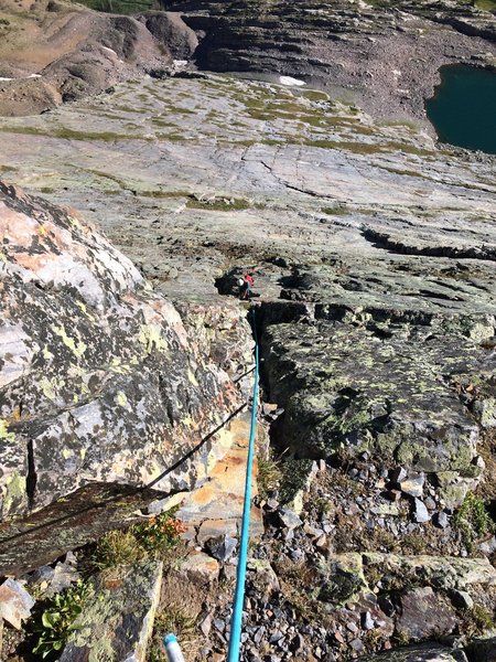 Looking down towards the belay from our pitch 1 start.