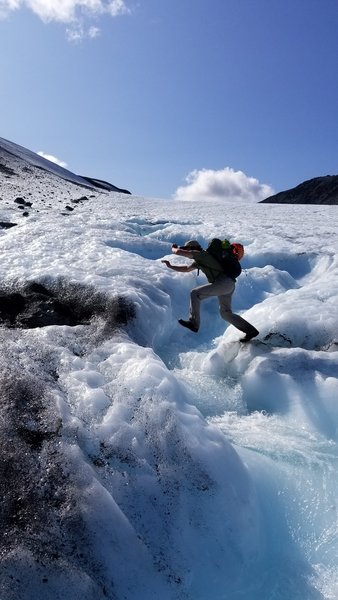 Zach, enjoying a Funday on the glacier while approaching the main climbing area at cracked ice.