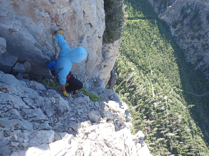 Returning to the final anchor after topping out. Mind your step.
