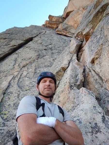 Looking up at the flake pitch on the Mountaineer's Route