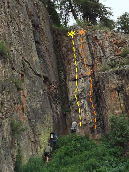 The 2 bolted routes are on the back wall. The left face route is harder than the arete on the right.