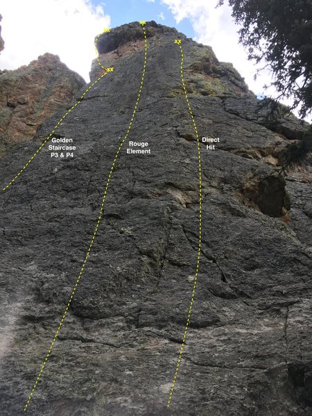 The north face of Half & Half crag showing the location of Direct Hit and two adjacent climbs.