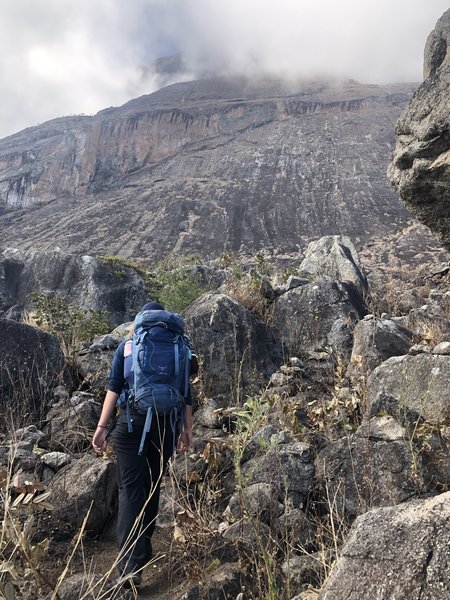 Approaching through the impressive boulder field. The line is clearly visible center right in this photo