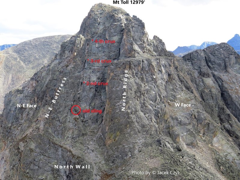 Mt. Toll, N Wall, Left Chimney 5.5-5.6 from Paiute Peak. Sept. 21, 2013.
<br>
<br>
Photo by © Jacek Czyz.