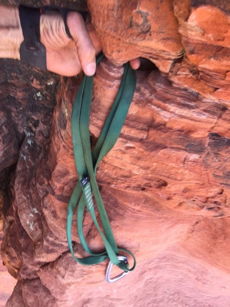 Awesomely located "thread". Watch for this up high and right at the roof "crux" on P2 just before the top out.