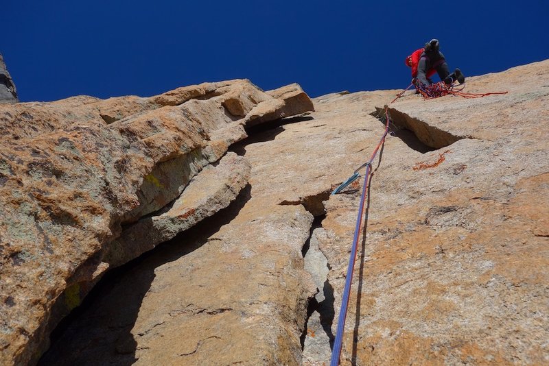 Fun climbing between flakes near top of pitch 3.