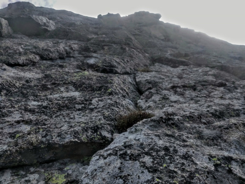 The 1st section of technical climbing on solid flakes.